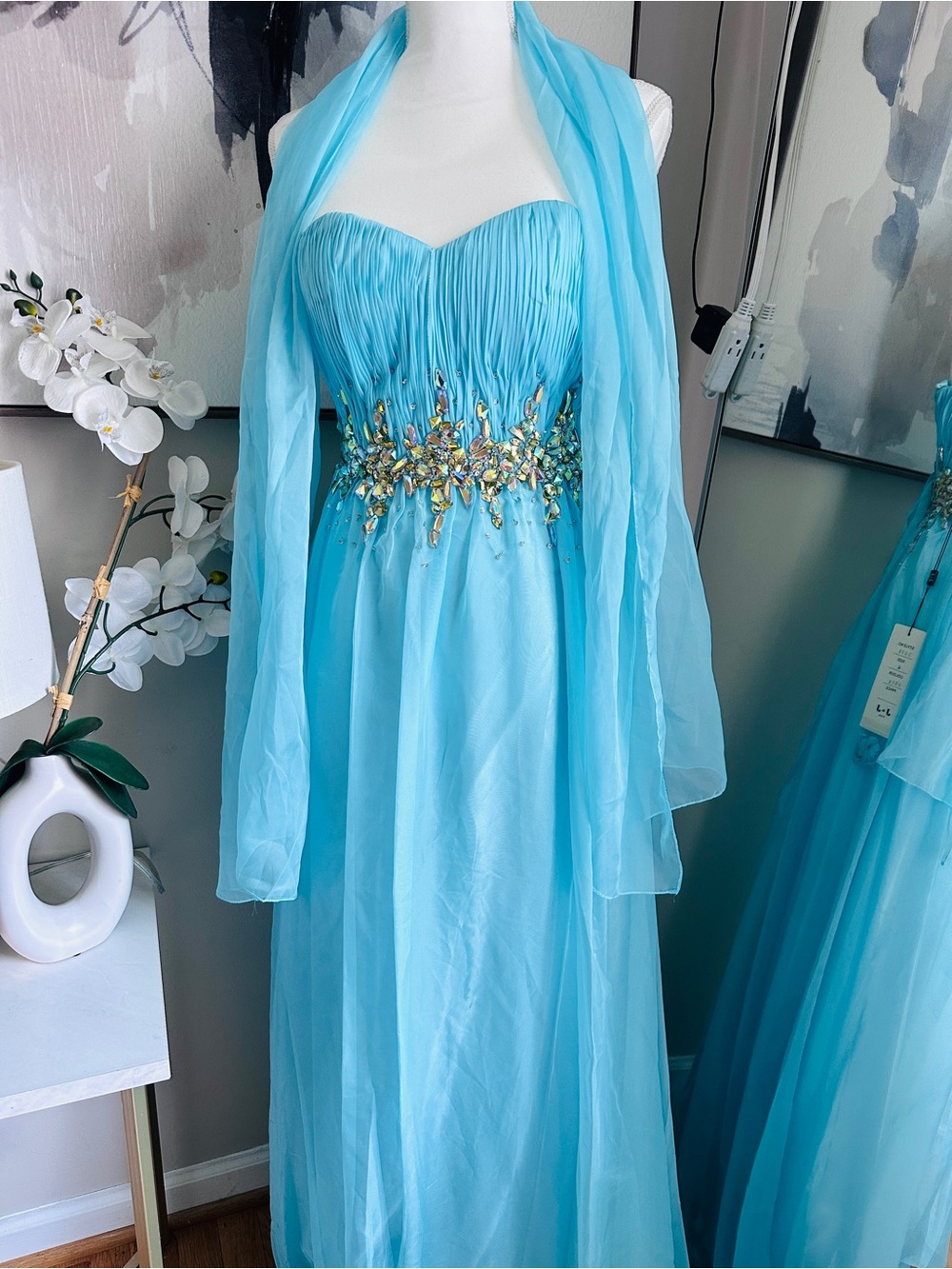 Aqua Strapless Maxi Dress with Beaded Waist and Matching Shawl